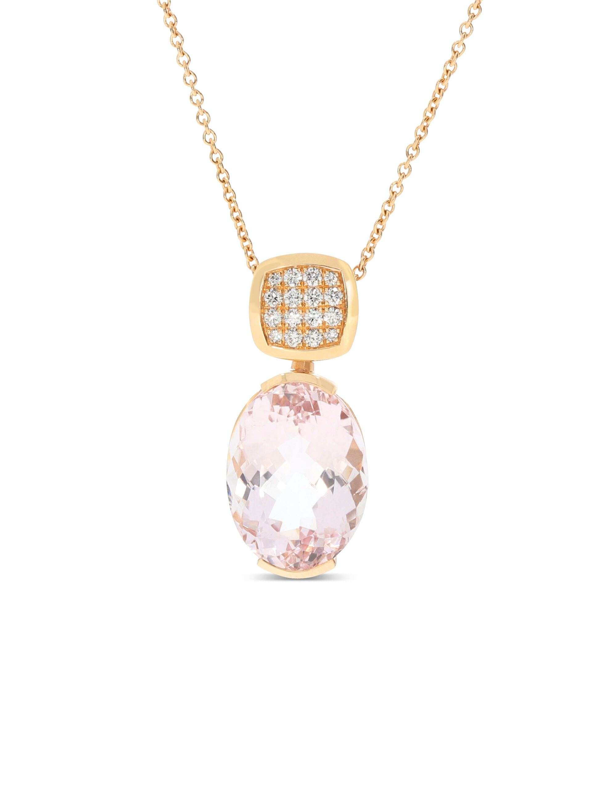 Ein Kissen-Anhänger mit Brillanten in Roségold 750/- mit einem rosa Morganit als zusätzlichem Anhänger