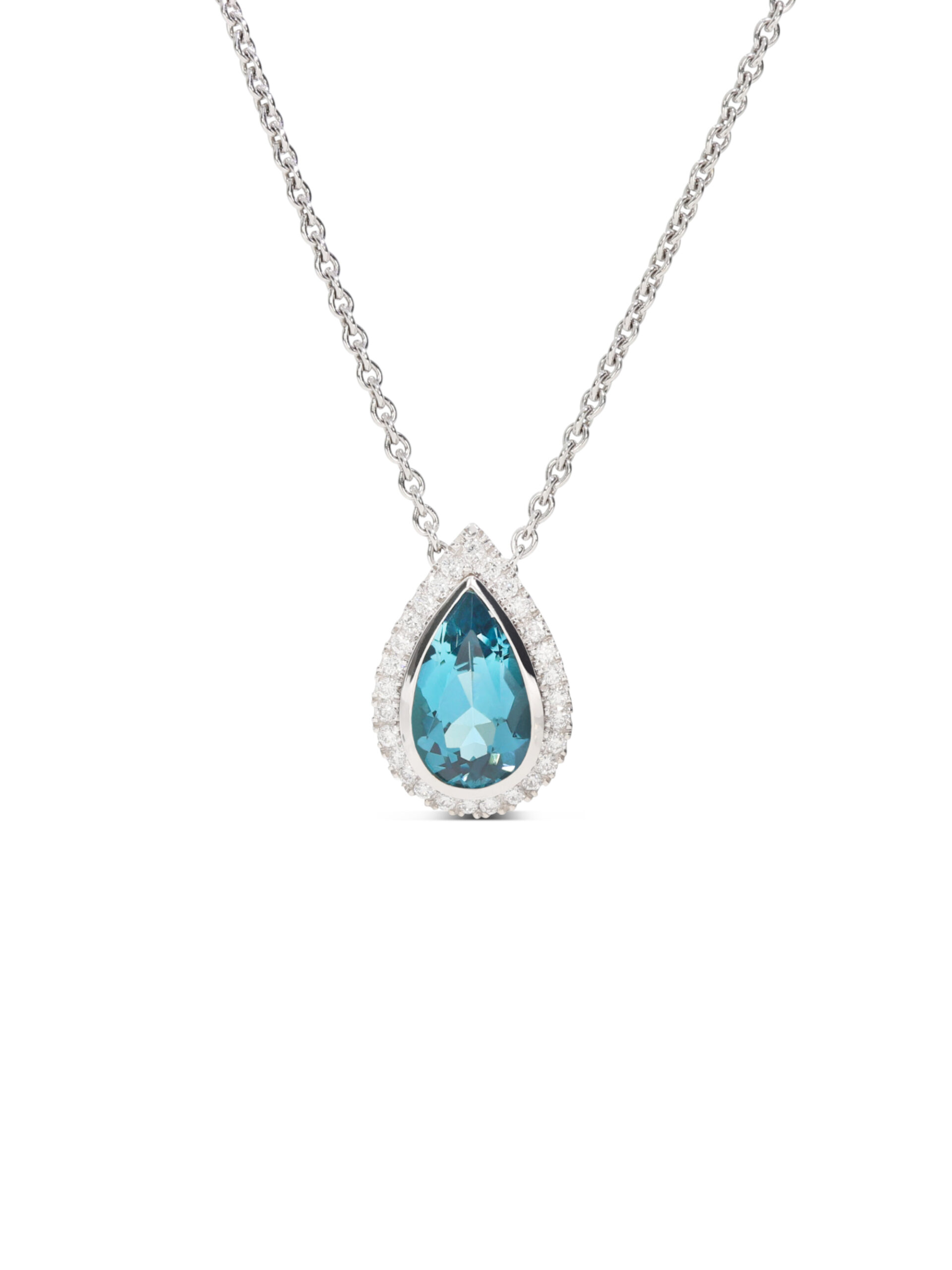 Ein einzigartiger Anhänger in Weißgold 750/- mit einem intensiv leuchtenden blaugrünen Turmalin- Tropfen aus Afrika.