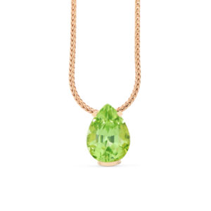 Ein Anhänger in Roségold 750/- mit einem leuchtend grünen Peridot-Tropfen.