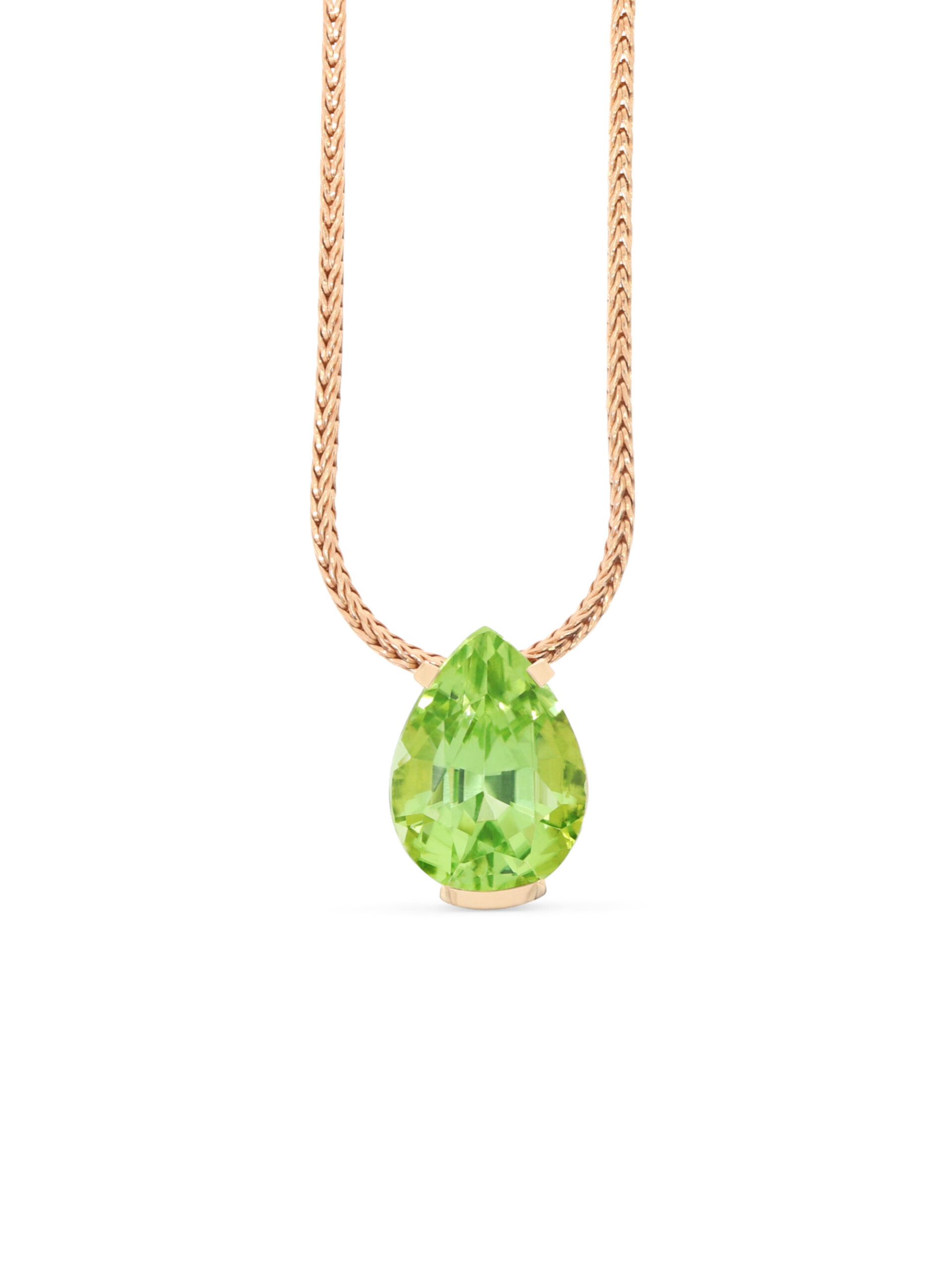 Ein Anhänger in Roségold 750/- mit einem leuchtend grünen Peridot-Tropfen.