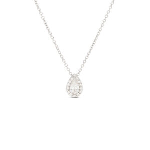 Anhänger in Weißgold 750/- mit einem Diamanttropfen, der von einem zarten, funkelnden Brillantkranz umrahmt wird