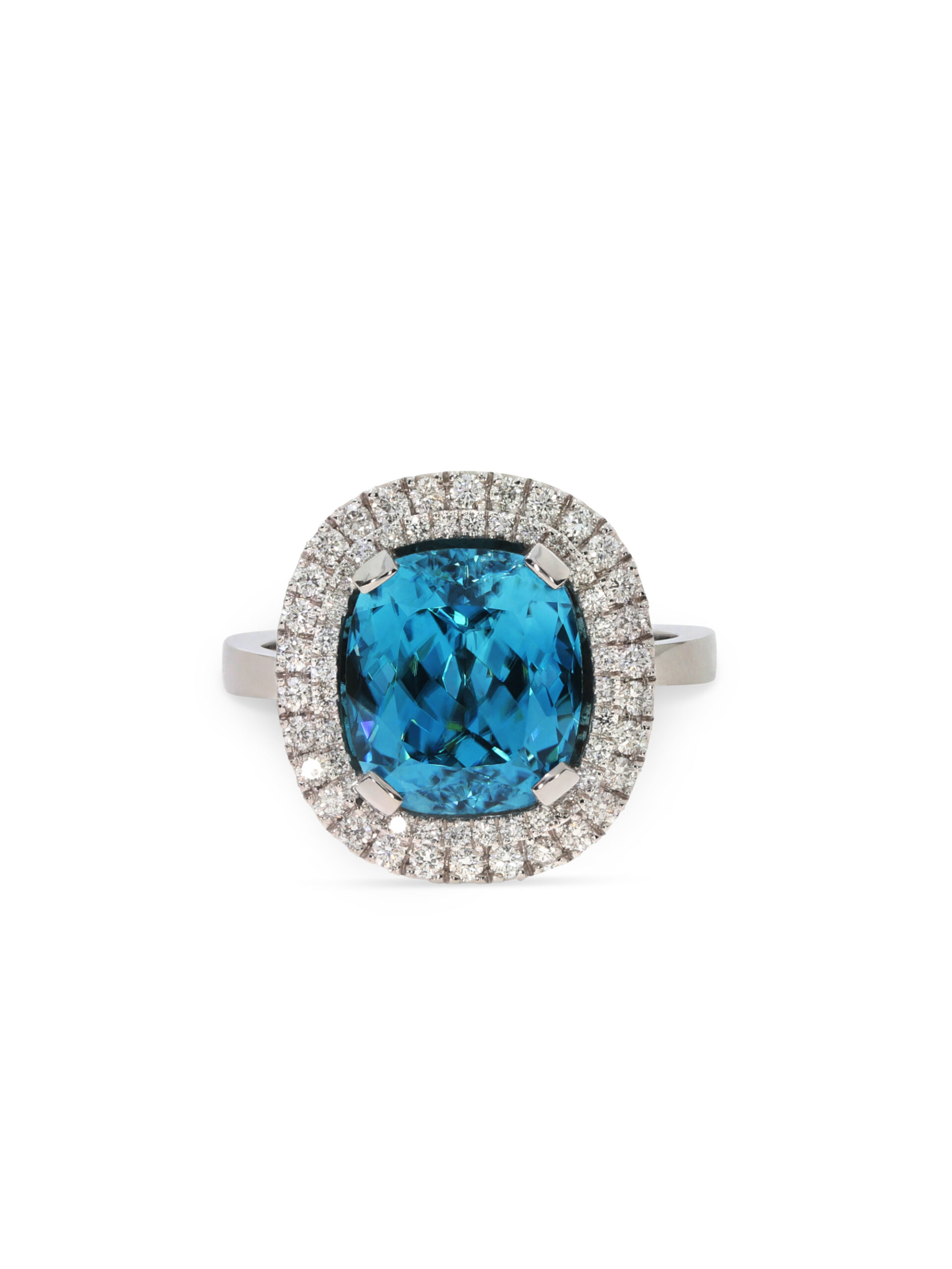 Ein Ring in 750/- Weißgold mit einem wunderschönen blauen Zirkon, umgeben von funkelnden Brillanten