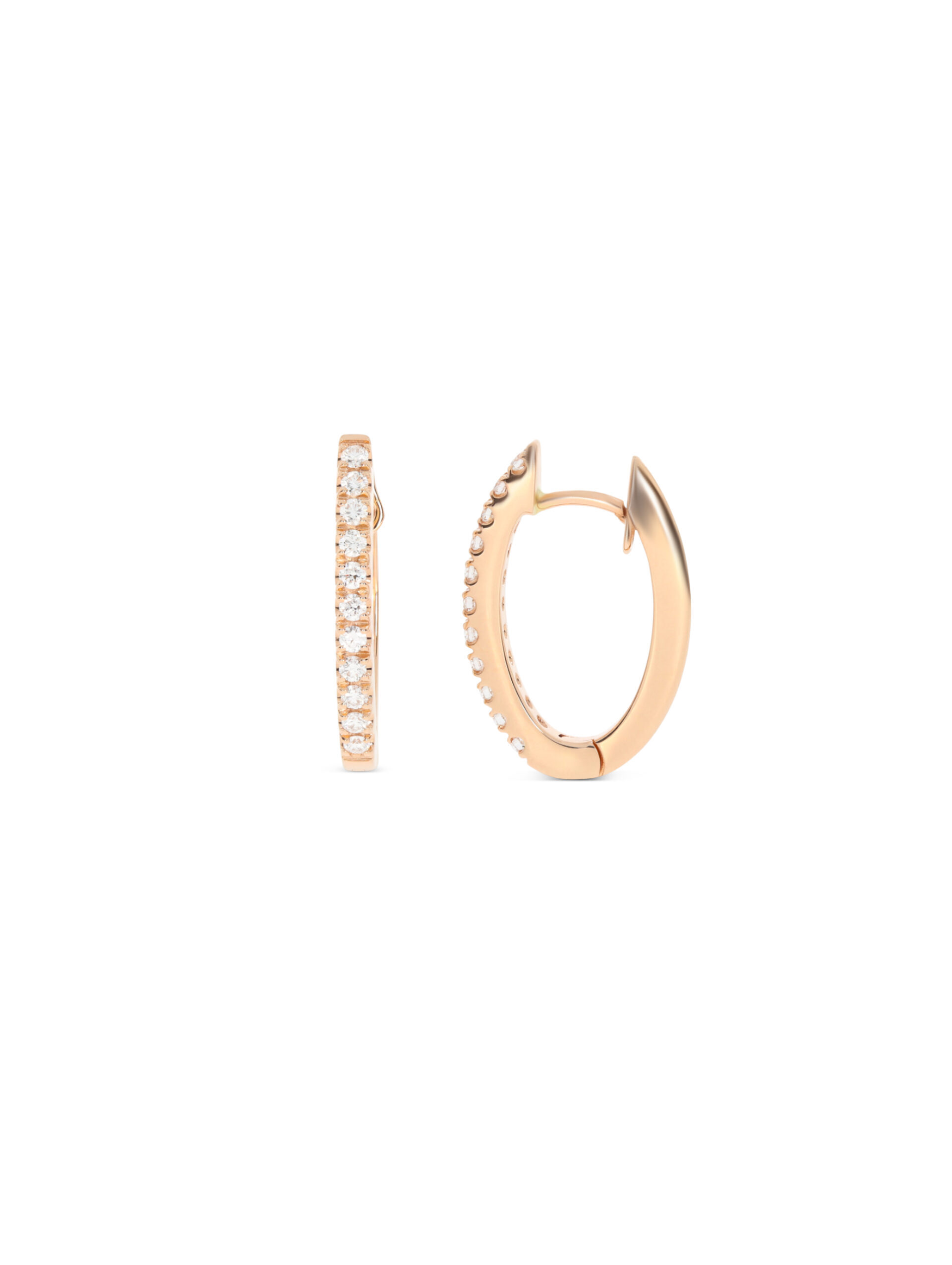 Die Creolen in Roségold 750/- haben eine Navette-Form und 22 Brillanten mit 0,39ct.