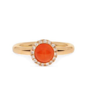 Ein Ring in Roségold 750/- mit einem Mandrin-Granat umschlossen von Brillanten.