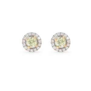 Ohrstecker in Weißgold 750/- mit einem gelben Diamanten, der von einem zarten, funkelnden Brillantkranz umrahmt wird