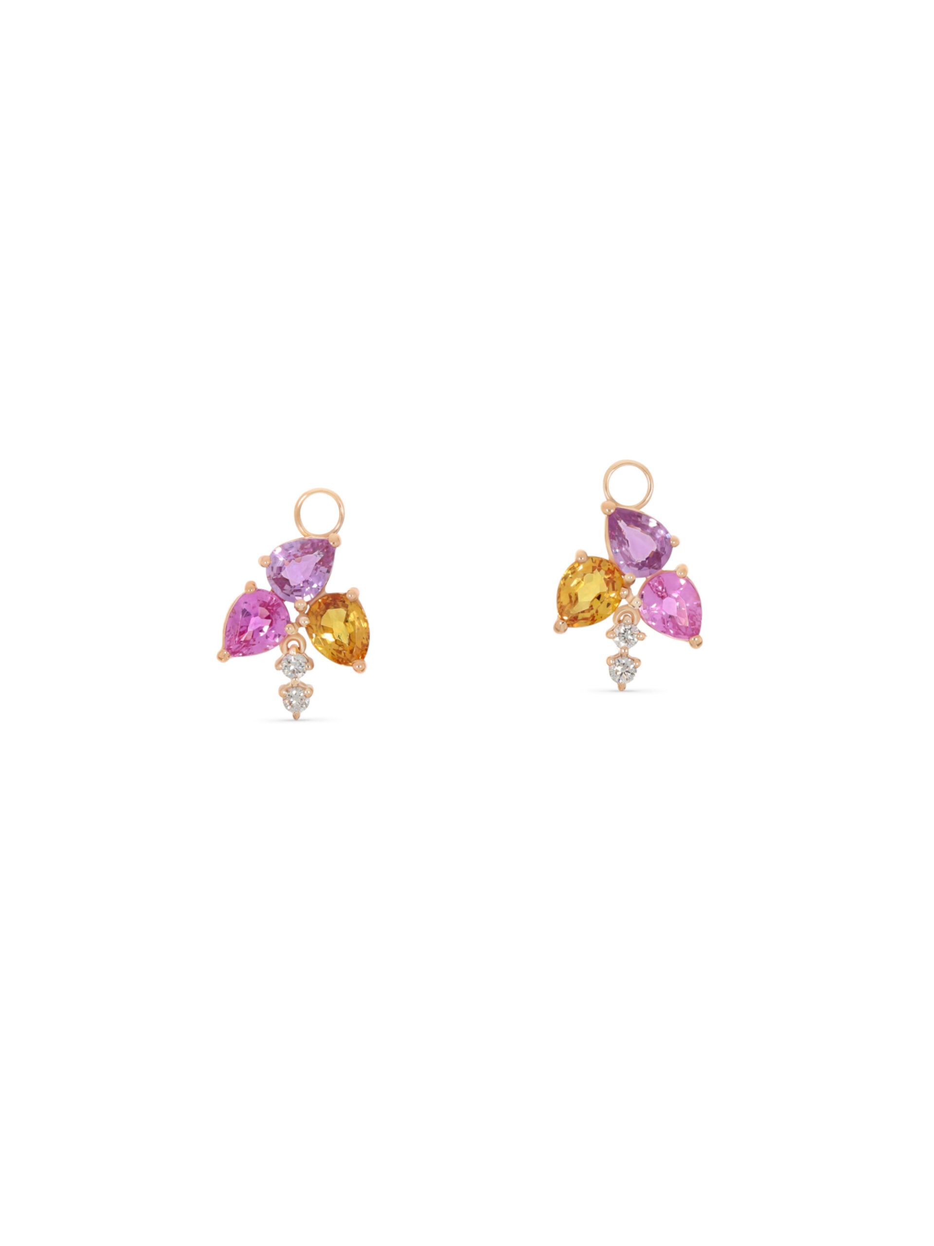 Creolen-Einhänger aus Roségold mit leuchtenden Saphiren in Rosa, Violett und warmem Gelb.