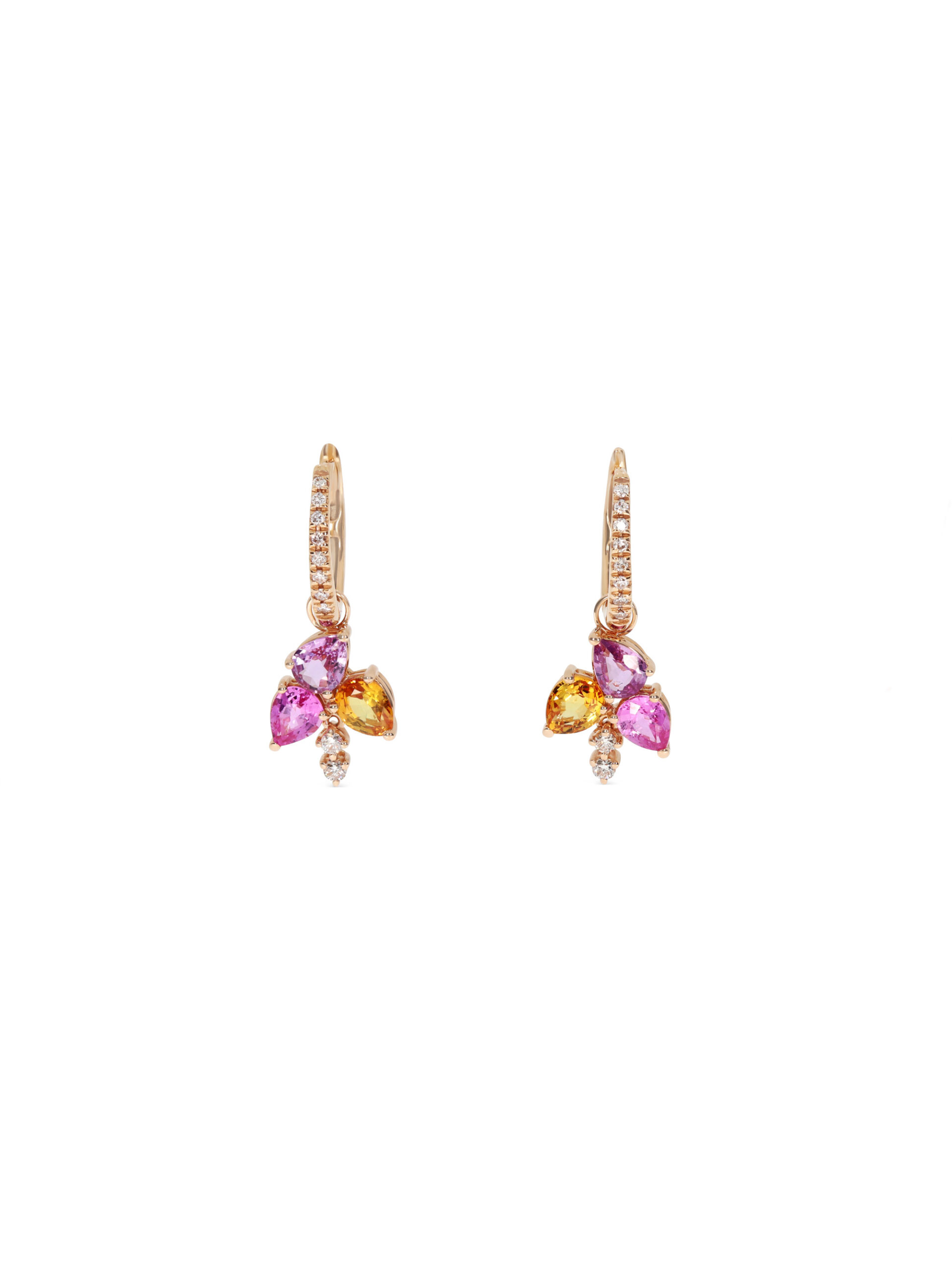 Creolen mit Creolen-Einhänger aus Roségold mit leuchtenden Saphiren in Rosa, Violett und warmem Gelb.