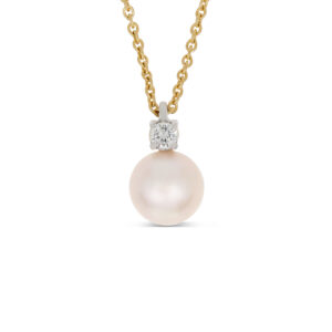 Kette aus Gelbgold 750/- mit einem Anhänger aus Weißgold mit einer Akoya-Perle und einem Brillanten