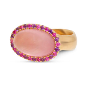 Ring aus Roségold 750/- mit einem Rosenquarz, Amethysten und Rubinen