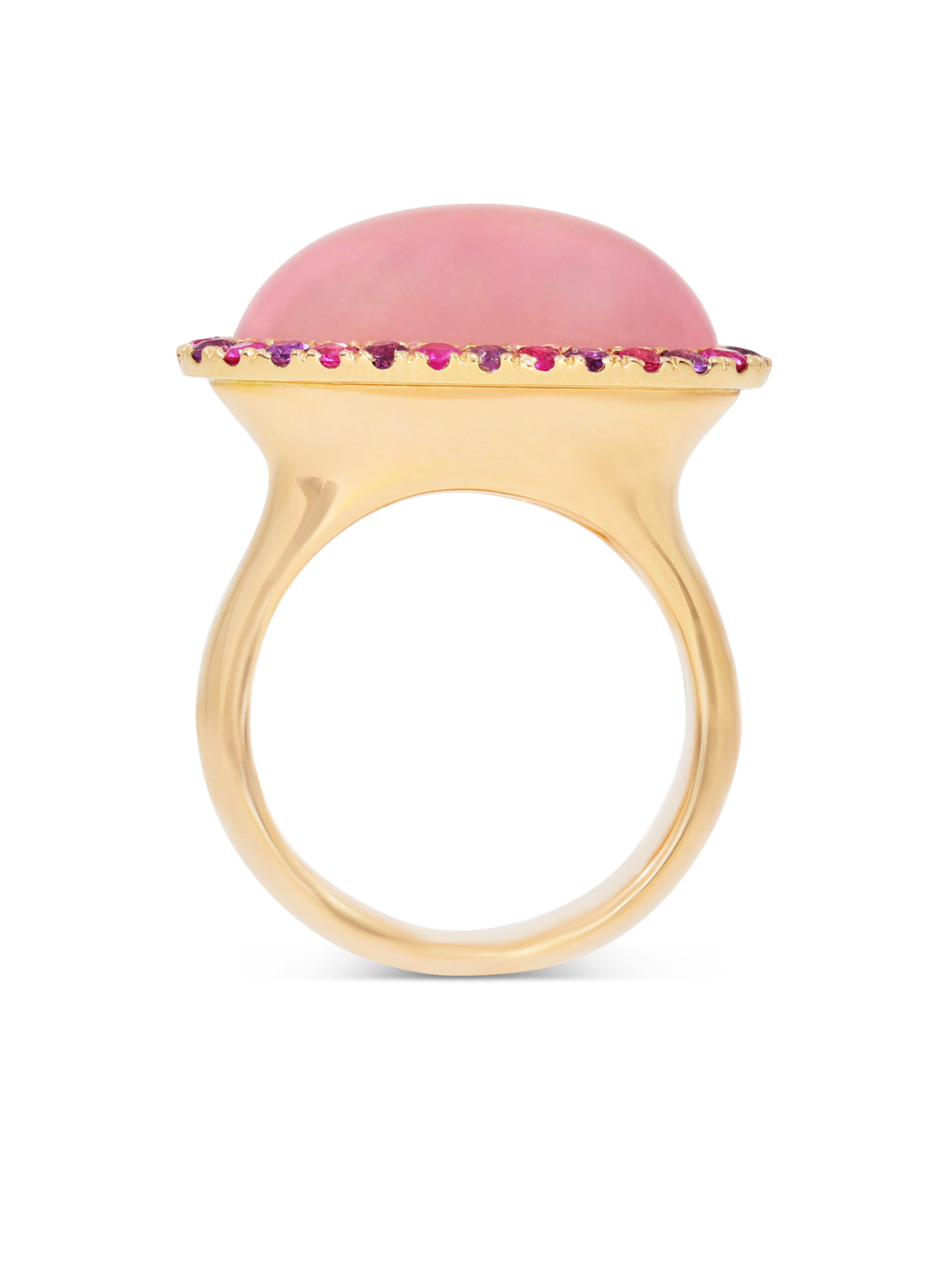 Ring aus Roségold 750/- mit einem Rosenquarz, Amethysten und Rubinen