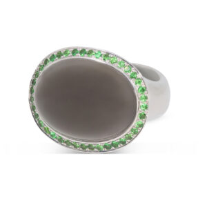 Moonlight Ring aus Weißgold 750/- mit einem Mondstein und grünen Tsavoriten
