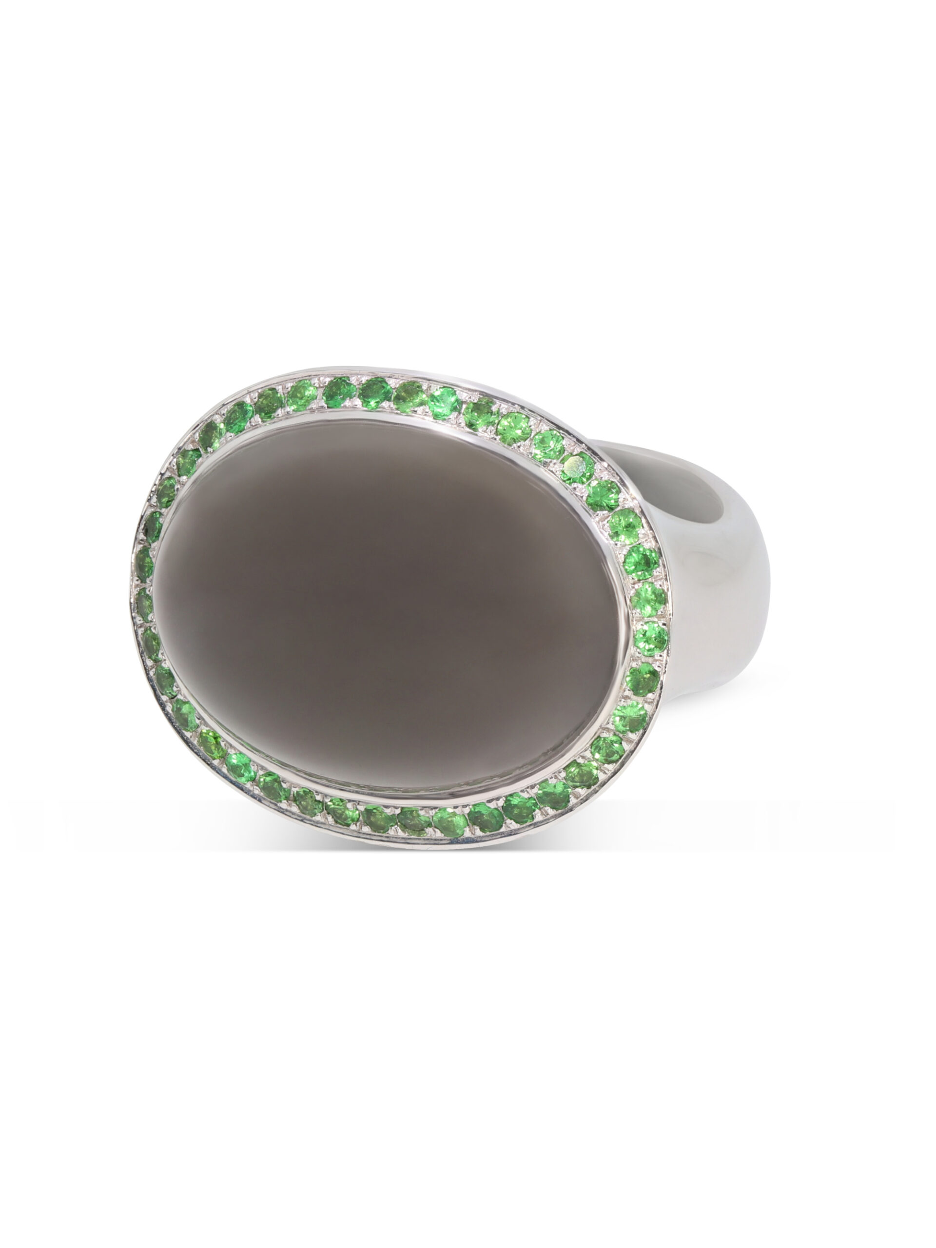 Moonlight Ring aus Weißgold 750/- mit einem Mondstein und grünen Tsavoriten