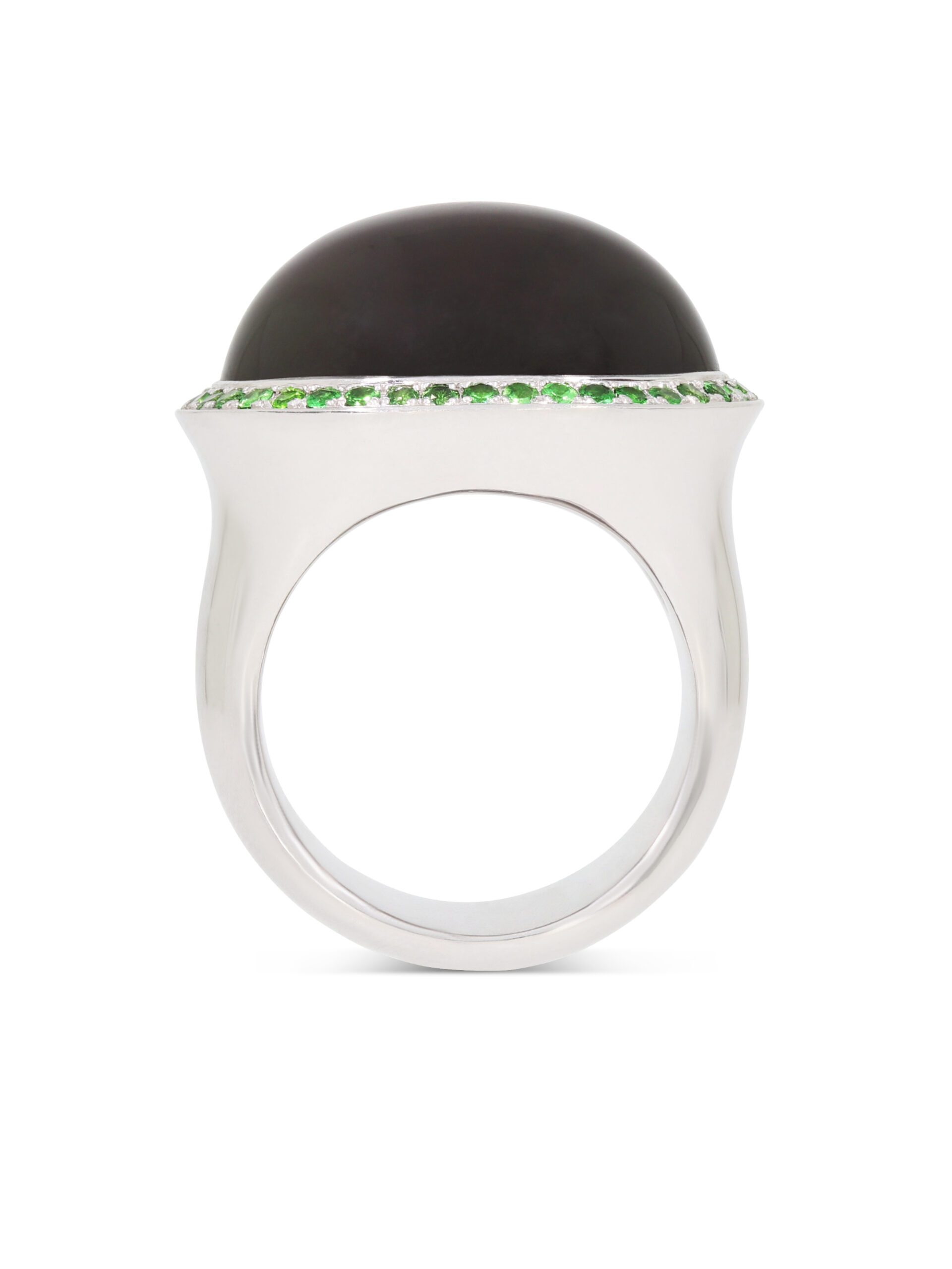 Moonlight Ring aus Weißgold 750/- mit einem Mondstein und grünen Tsavoriten