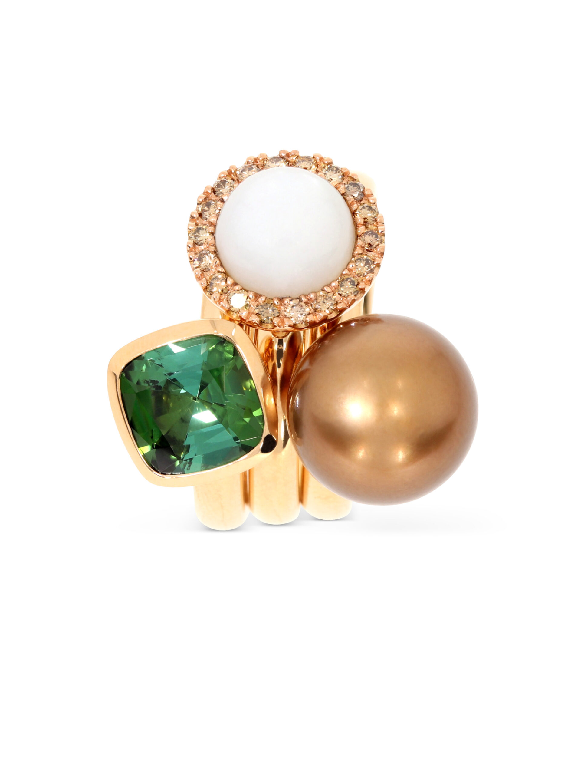 Team Player Trio bestehend aus 3 Ringen in Roségold 750/-, mit grünen Turmalin, Mondstein und Tahiti Perle