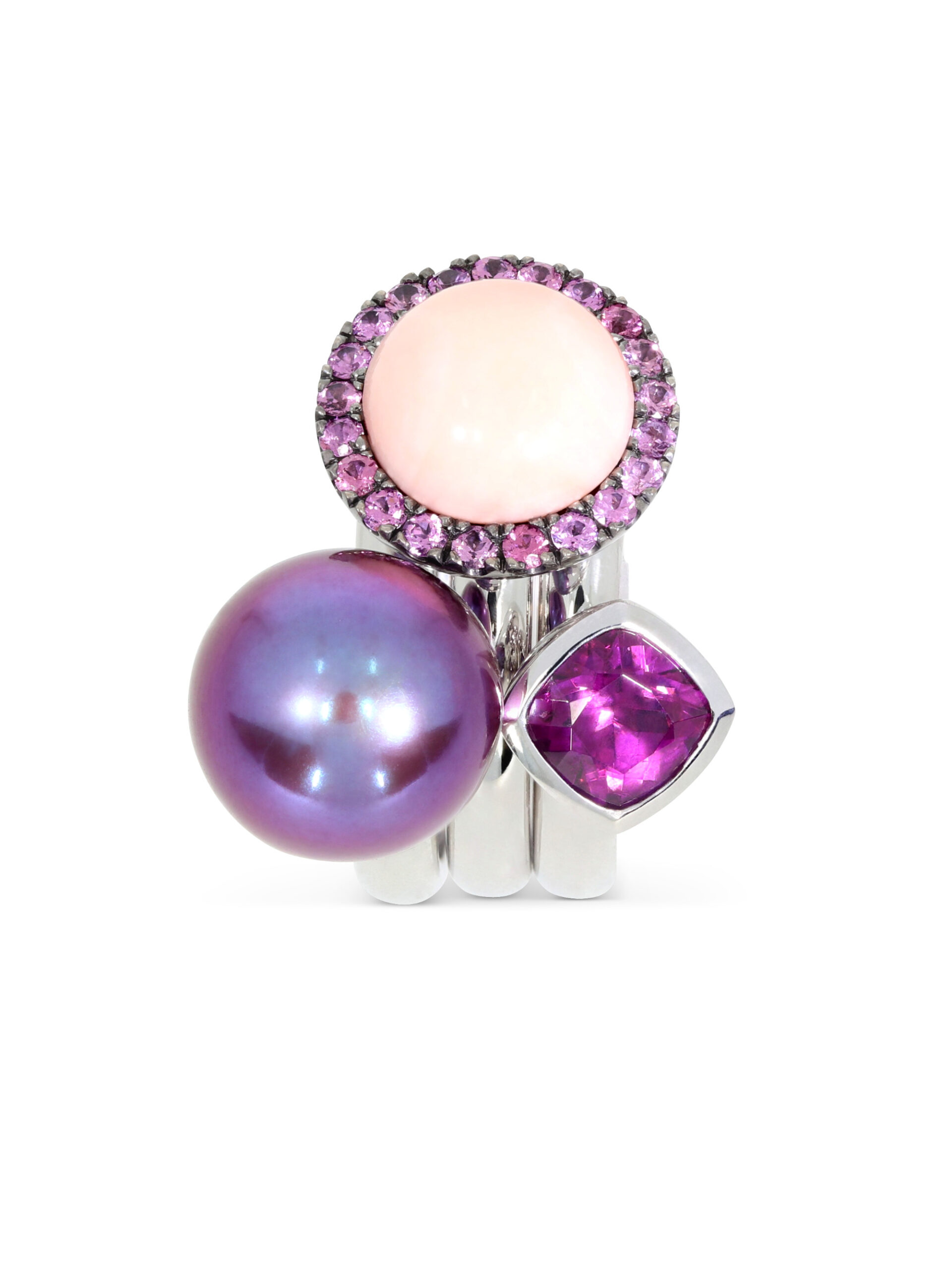 Team Player Trio bestehend aus 3 Ringen in Weißgold 750/-, mit Royal-Purple Granat, Koralle und Edison Perle