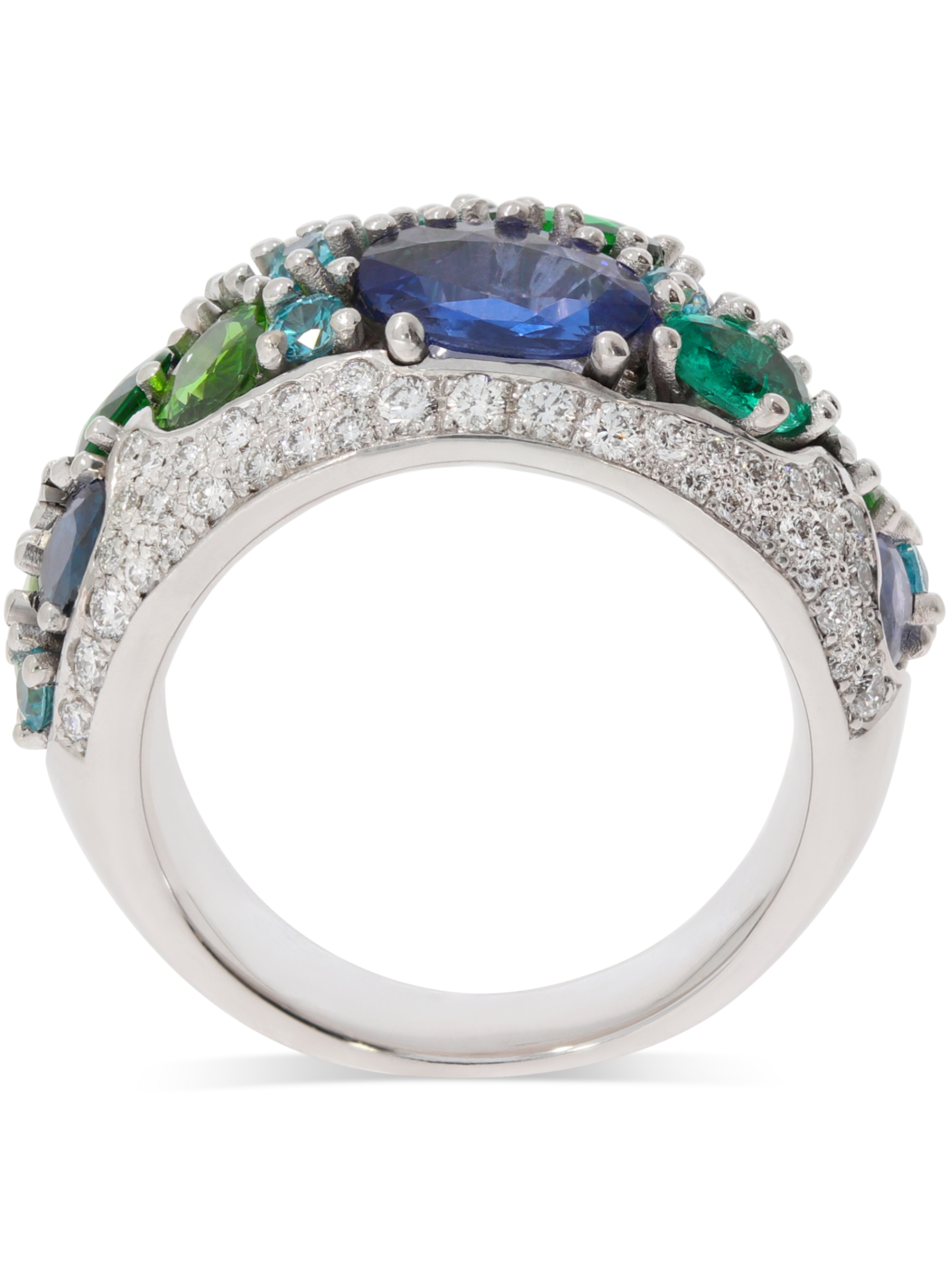 Ein außergewöhnlicher Ring in Weißgold 750/- mit Turmalin, Tsavorite, Smaragd und Saphiren
